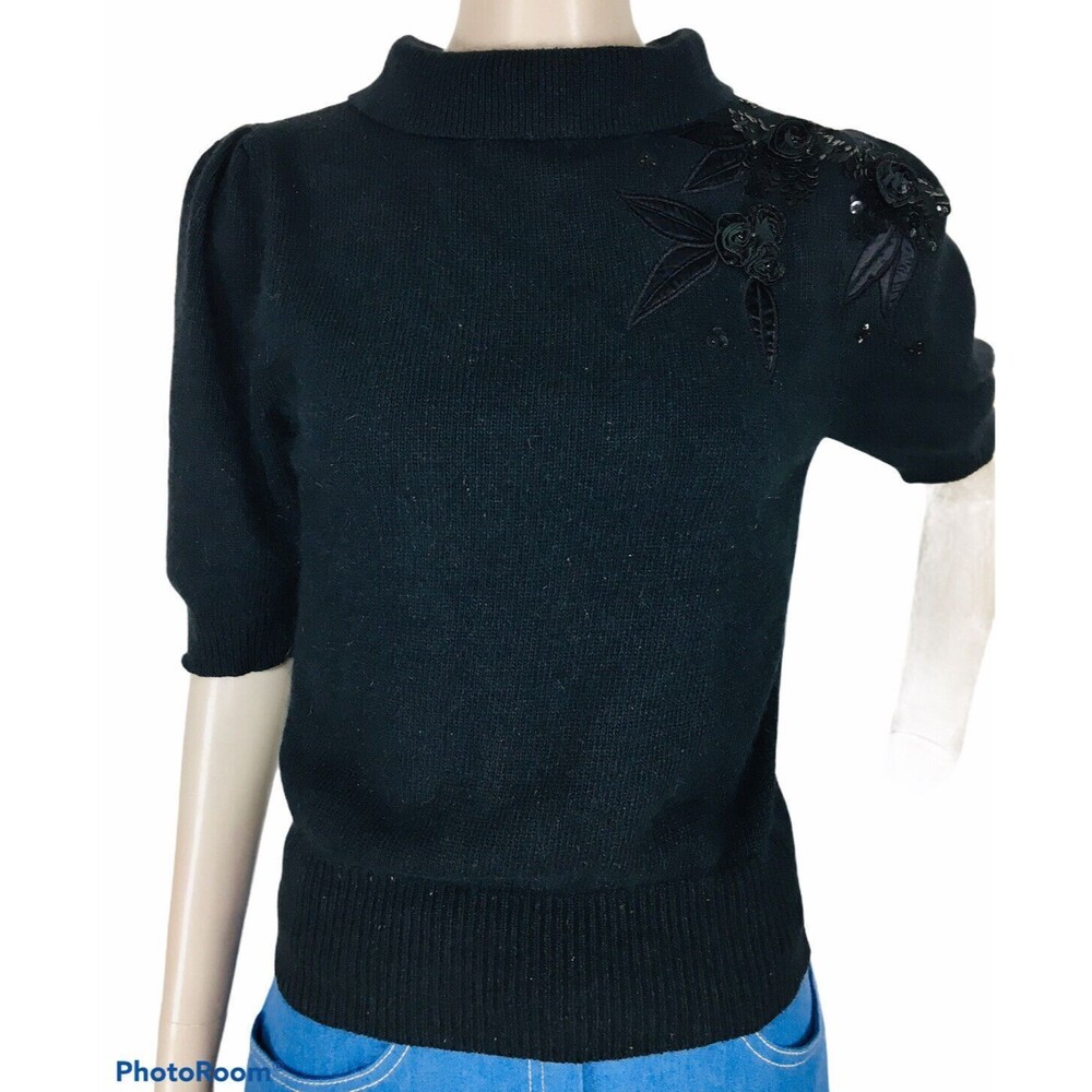 VTG 80s Bullock's Black Angora Silk Sequined Shoulder Puffed Half Sleeve Sweater